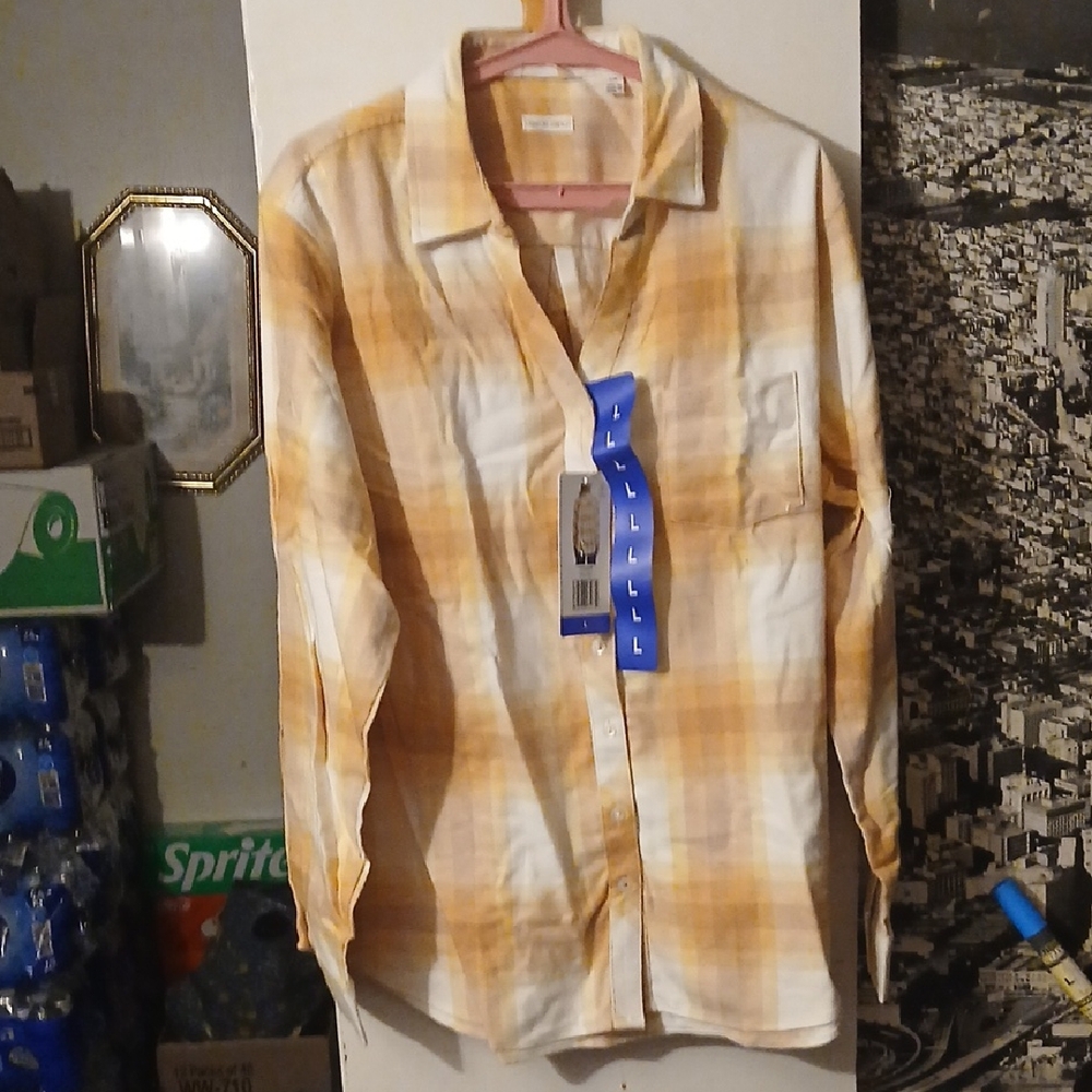 Weatherproof Vintage Casual Yellow Plaid Shirt V- Nrck Button Down Women's